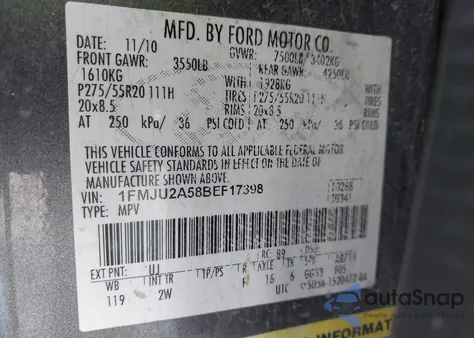 2011 Ford Expedition Limited z USA, uszkodzony, nr VIN 1FMJU2A58BEF17398